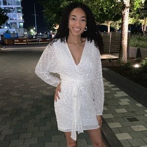 ASOS DESIGN mini dress with wrap waist in white scatter sequin